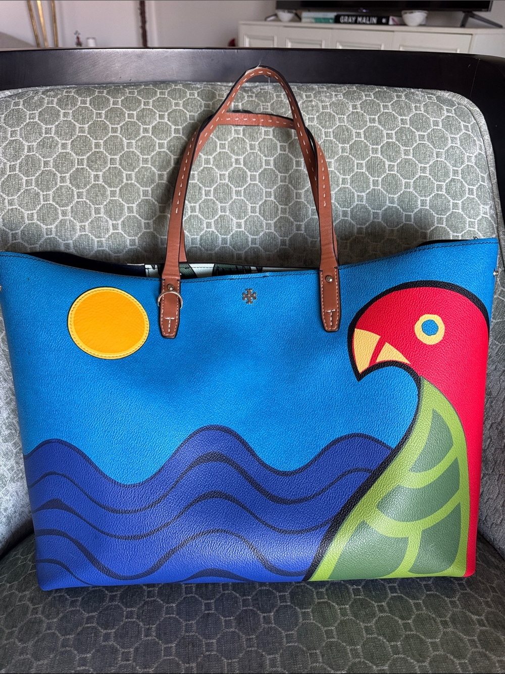 Tory Burch Kerrington Blue Parrot Tote with Brown Leather Handles